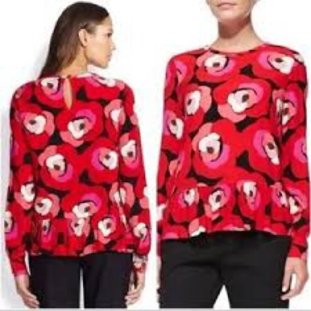 Kate Spade shirt New York Long Sleeve Deco Colorful statement‎ bold Rose Peplum